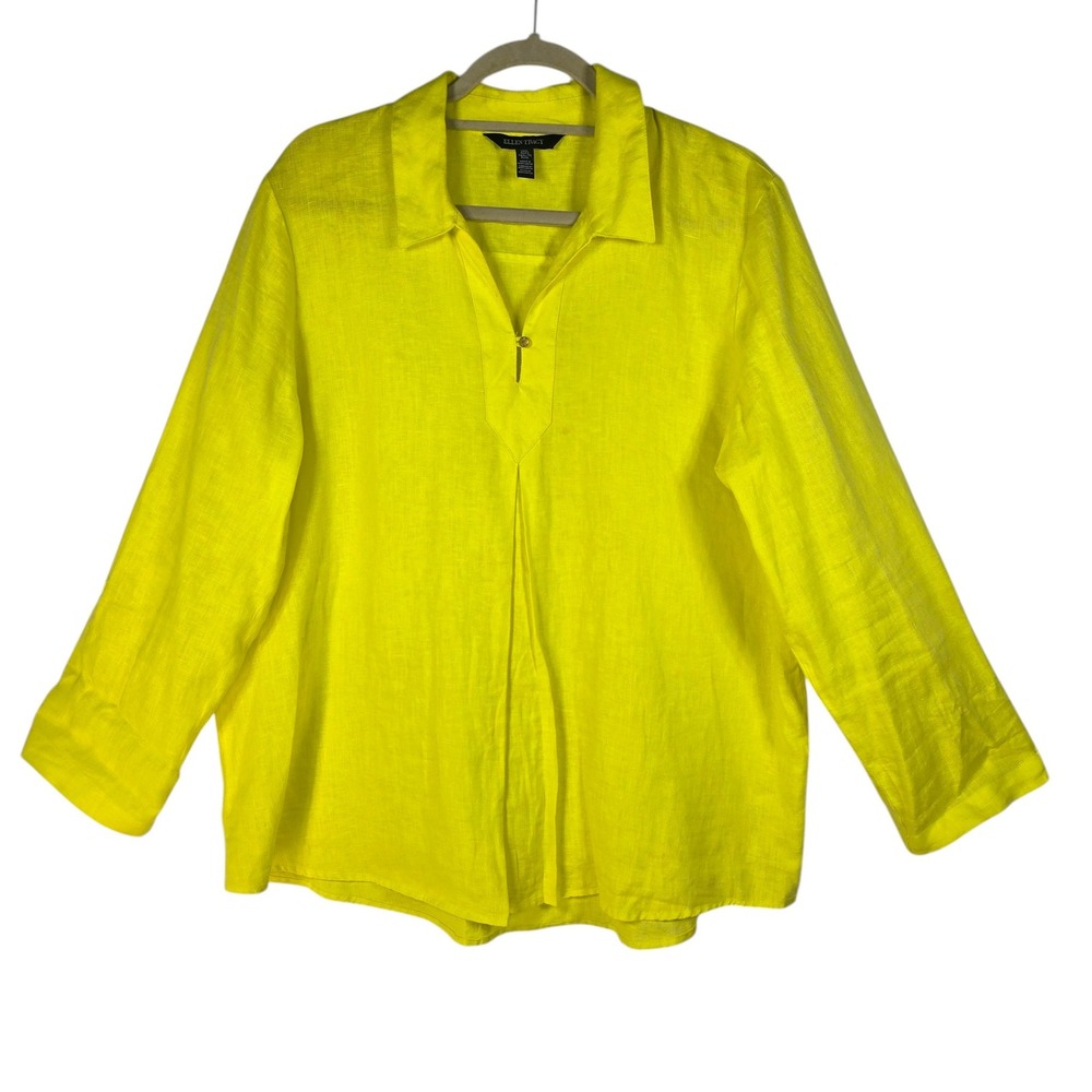 Ellen Tracy Womens XL Neon Yellow 100% Linen Tunic Long Sleeve Split Neck Top